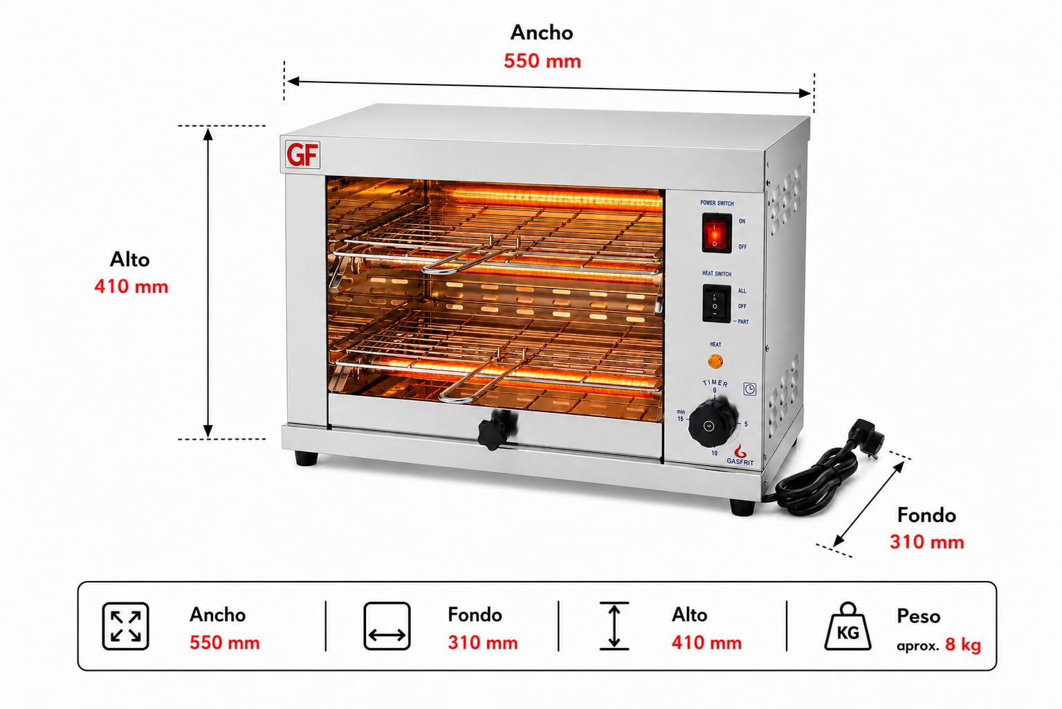 Tostador Eléctrico Industrial de Cuarzo 2 Plantas, opción temporizador, 3000W, Acero Inoxidable, Parrilla y Bandeja Recogemigas Extraíbles, Uso Profesional Hostelería