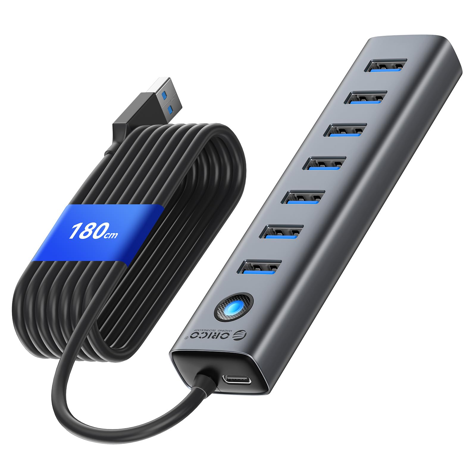 ORICO USBハブ 7ポート3.0ハブ アルミニウムマルチポートアダプタ 5Gbpsデータ転送 5V 3A Type-Cポートスプリッタ PCラップトップMacBook PS5/ポータブルハードドライブ/マウス/USBファンなど-180cm