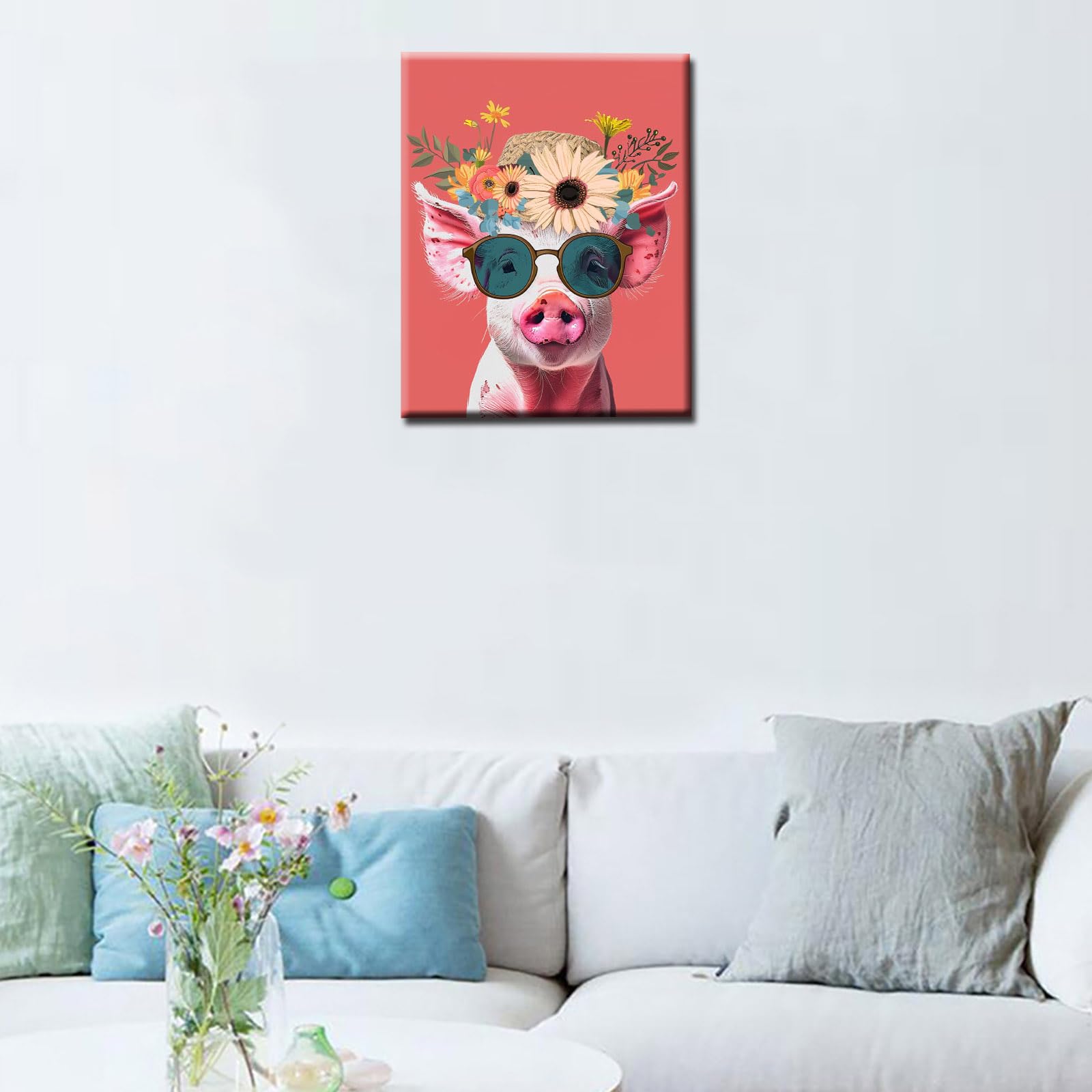 Animal Wear Flowers Hat Poster Prints Artwork Pig with Cute Sunglass and Straw Hat 1P Canvas Room Wall Creative Pictures Home Decor for Living Room Framed Gallery-Wrapped Ready to Hang 16x24inch - Image 4