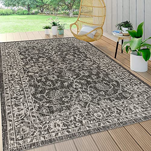 Image of JONATHAN Y Vine and Border Indoor Outdoor Area Rug 5X8 Black /Gray, Palazzo Textured Weave for Backyard, Patio, Porch, Easy-Cleaning, High Traffic, Pet-Friendly, Non-Shedding (SMB103C-5)