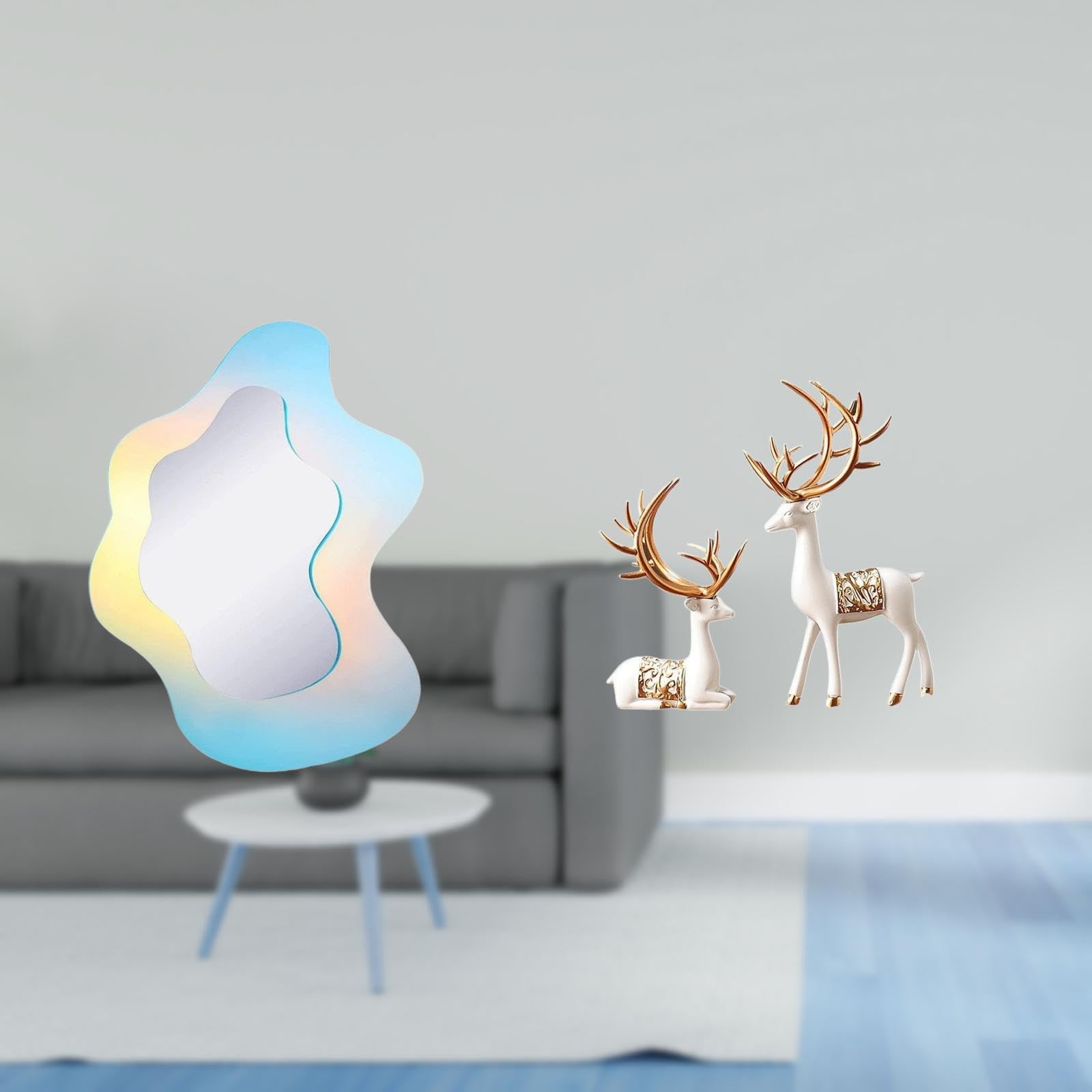 Enakshi® Wavy Acrylic Mirror Makeup Mirror Modern Decorative Mirror for Bathroom Wall Decor with European Reindeer Statues Collectable Craft Deer Lover Sculpture for Unique Home Decor-image-12