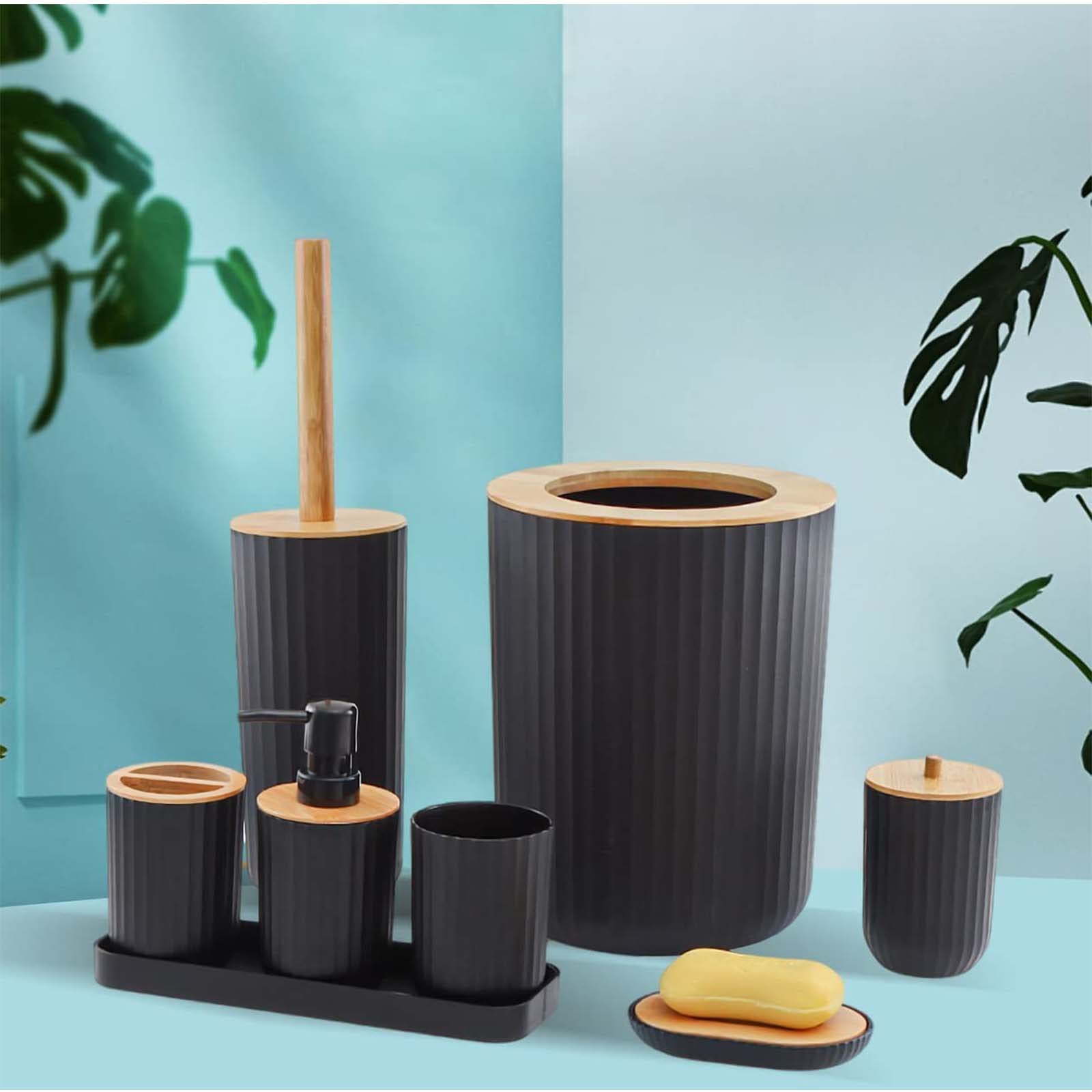 8 Piezas Juego de Accesorios de BañO, Juego de Dispensador de JabóN Hecho de Bambú, Juego de BañO, con Dispensador de LocióN, Cubo de Basura, Jabonera, Porta Cepillo Dientes,Blanco