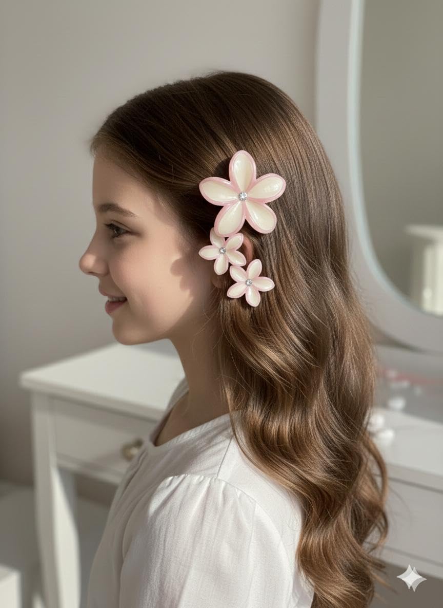 Flower Hair Clips Set, Pink and Cream, Rhinestone Center, 3 Piece Set, Fashion Jewelry