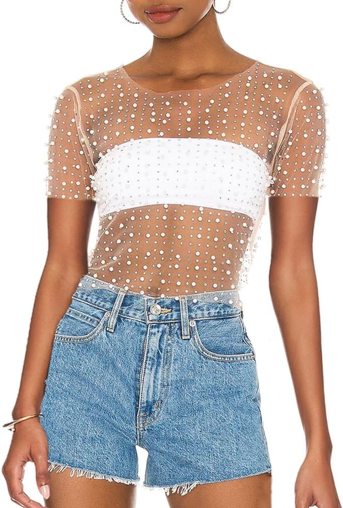 LOFAAC Women Sexy Pearl Rhinestone Beaded Sheer Mesh Crop Tee Shirt Slim Fit Short Sleeve See Through Cover Up Crop Top