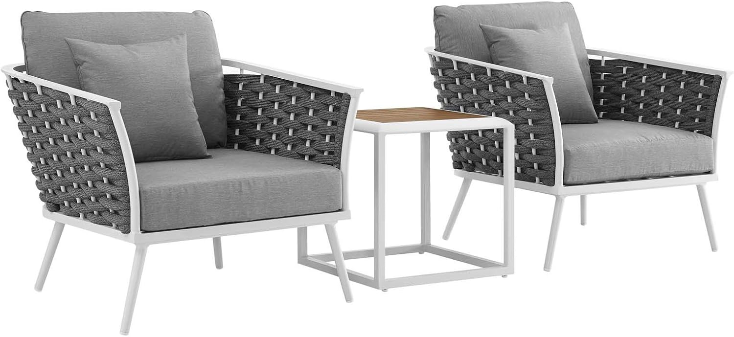 Modway Stance Outdoor Patio Aluminum Side Table and Two Armchairs in White Gray