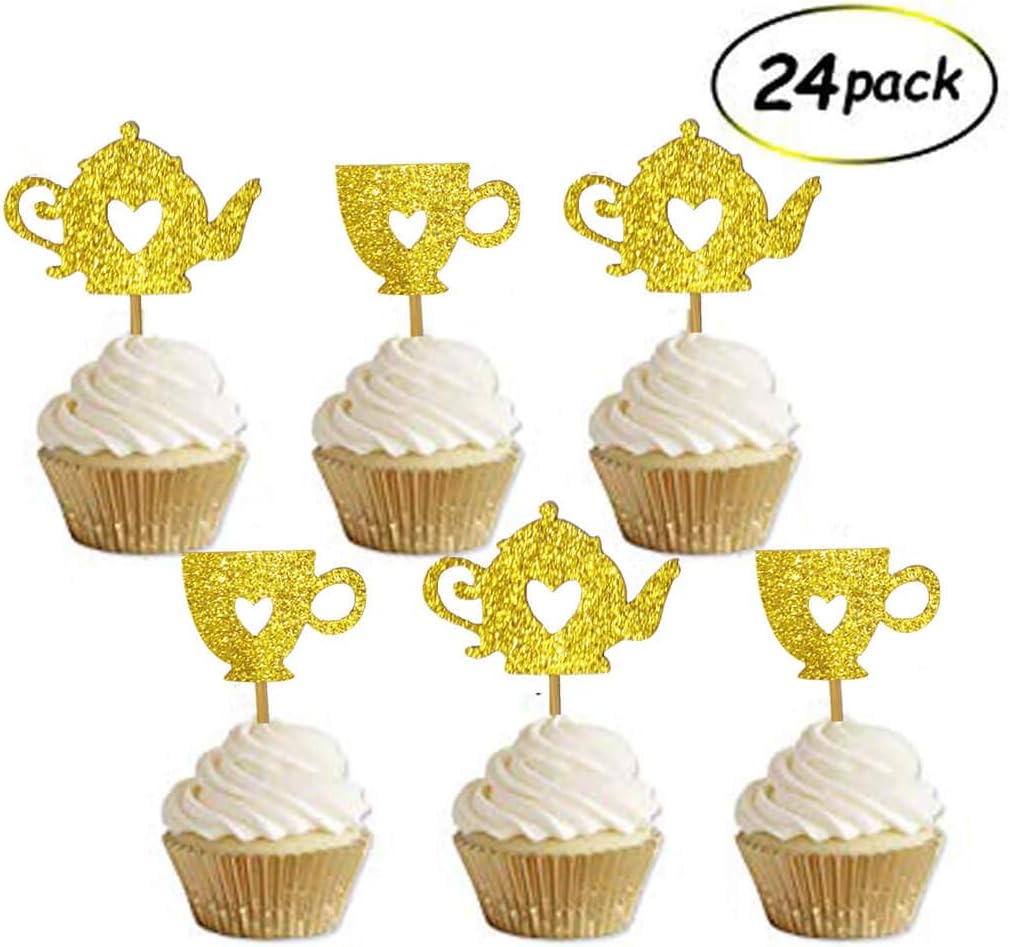 TECKKIN Tea Party Cupcake Toppers Tea for Two Birthday Party Princess ParTea Tea Bridal Shower Party Decorations Kids Birthday Decor