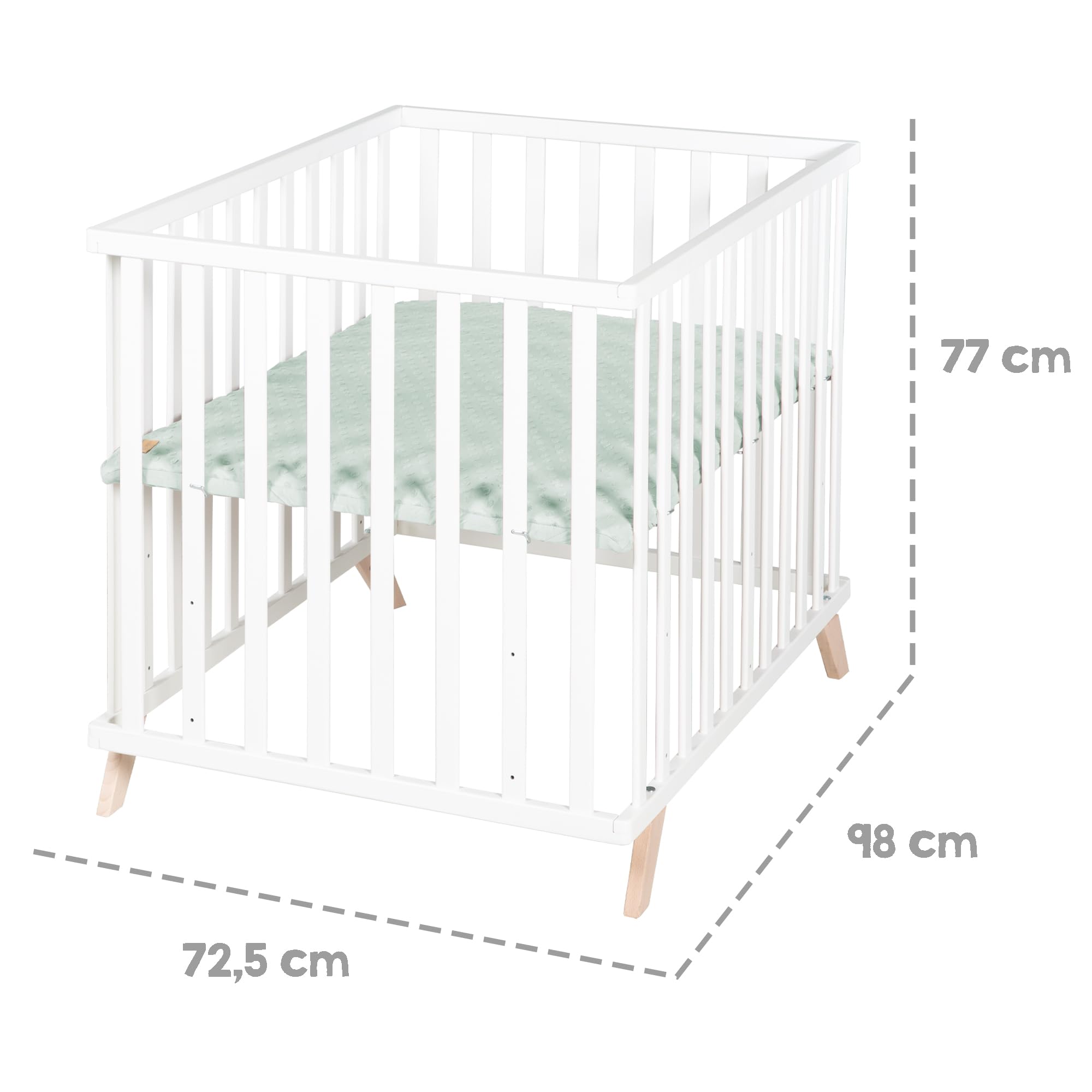 roba Parc Bébé en Bois Massif Bio 75 x 100 + Tapis de Parc Lil Planet Vert Givré - Certifié OEKO-TEX et GOTS - Base Ajustable en Hauteur - Design Rétro - Laqué Blanc