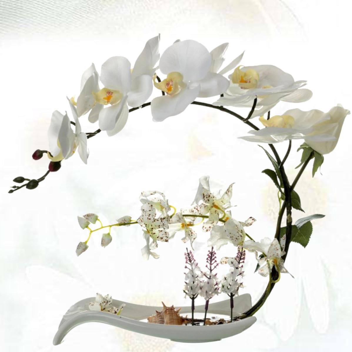 Orchidée Phalaenopsis Artificielle en Pot, Fleur Soie Blanche Décorative
