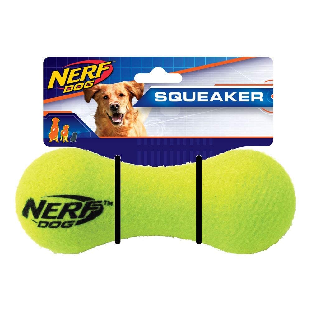 Nerf DogMax Court Barbell Dog Toy with Interactive Squeaker, Lightweight, Durable and Water Resistant, 7 Inches, For Medium/Large Breeds, Single Unit, Green/Blue