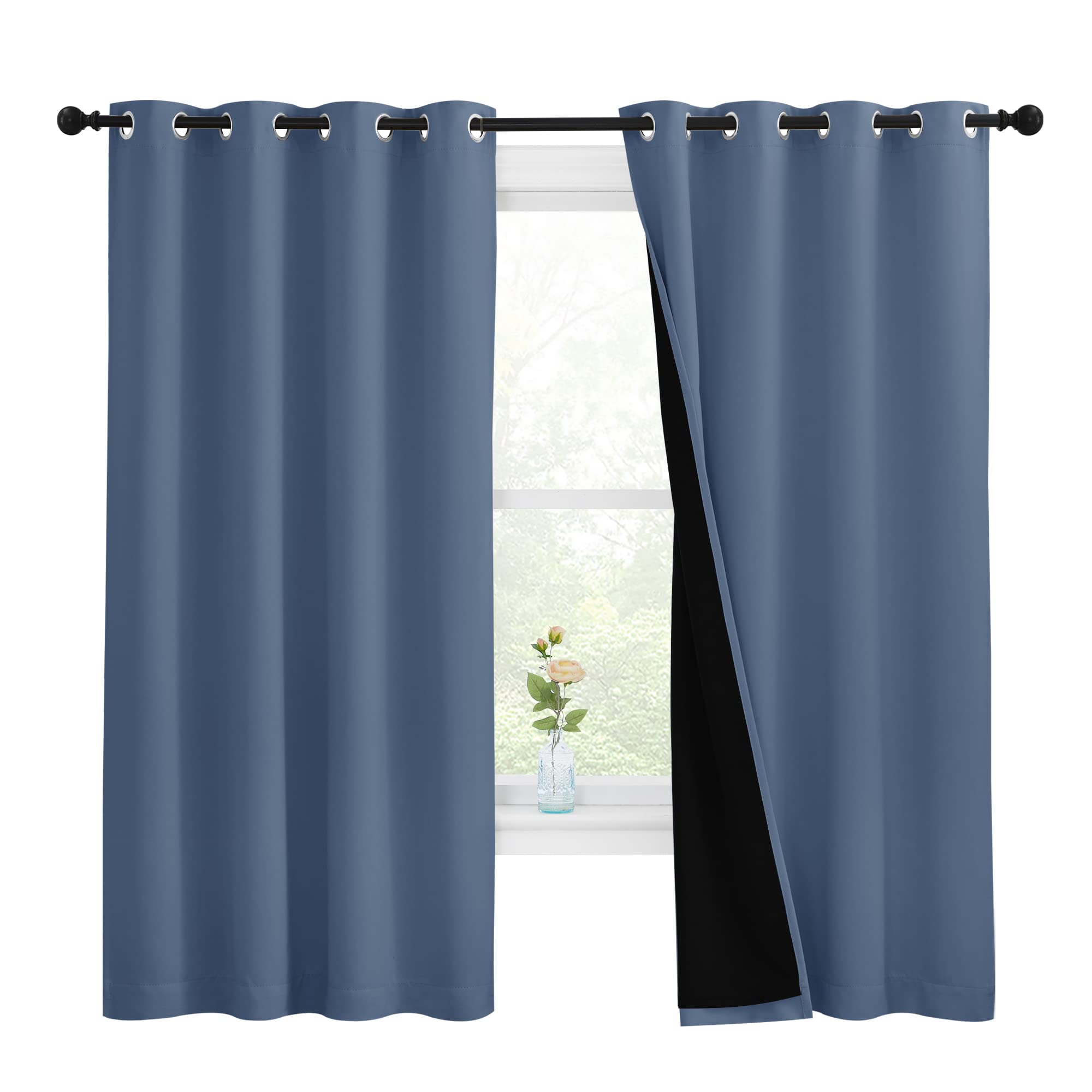 NICETOWN 100% Blackout Curtains with Black Liners, Thermal Insulated Full Blackout 2-Layer Lined Drapes, Energy Efficiency Window Draperies for Bedroom (Stone Blue, 2 Panels, 55-inch W by 68-inch L)