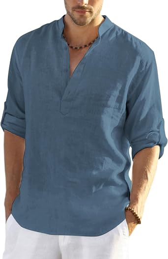 COOFANDY Mens Cotton Linen Henley T-Shirts Long Sleeve Casual Beach Shirts