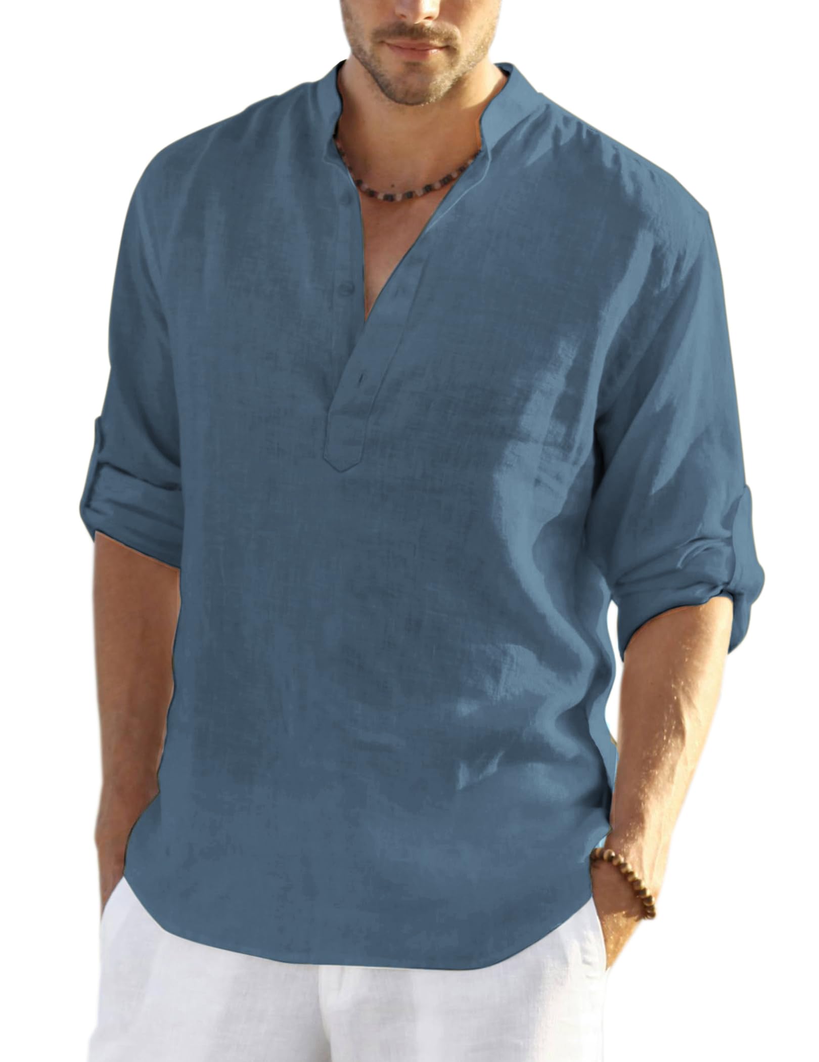 Men's Cotton Linen Henley Shirt Long Sleeve Hippie Casual Beach T Shirts Army Green