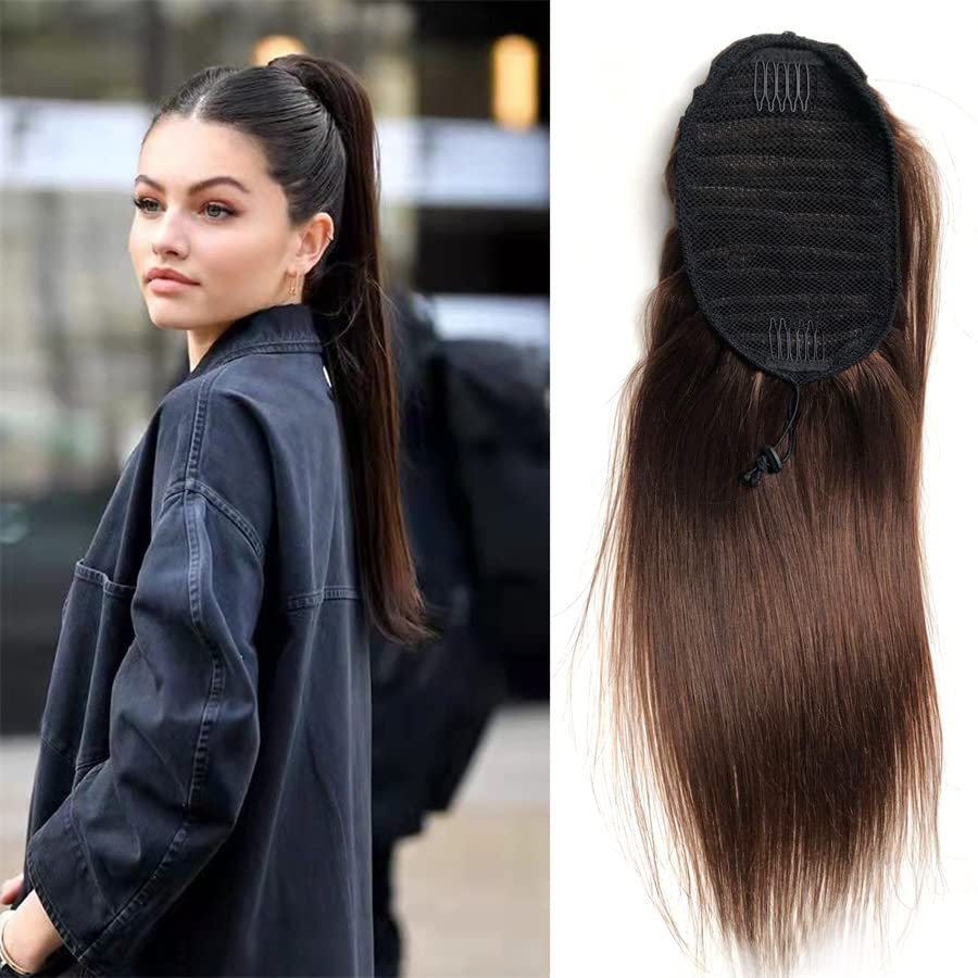 16" Human Hair Ponytail Extension Drawstring Straight Medium Brown #4 Real Remy Hair Piece for Black Women