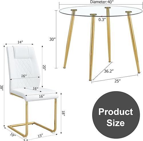 Miniatura 5 de Juego de mesa y silla, mesa de comedor circular, mesa de vidrio con un diámetro de 40 pulgadas y patas de metal chapado en oro, combinado con 4