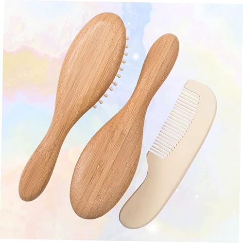 Miniatura 2 de Juego de 3 cepillos de pelo de bebé, cepillo de baño de lana suave para recién nacidos, peine de madera para masaje suave del cuero cabelludo