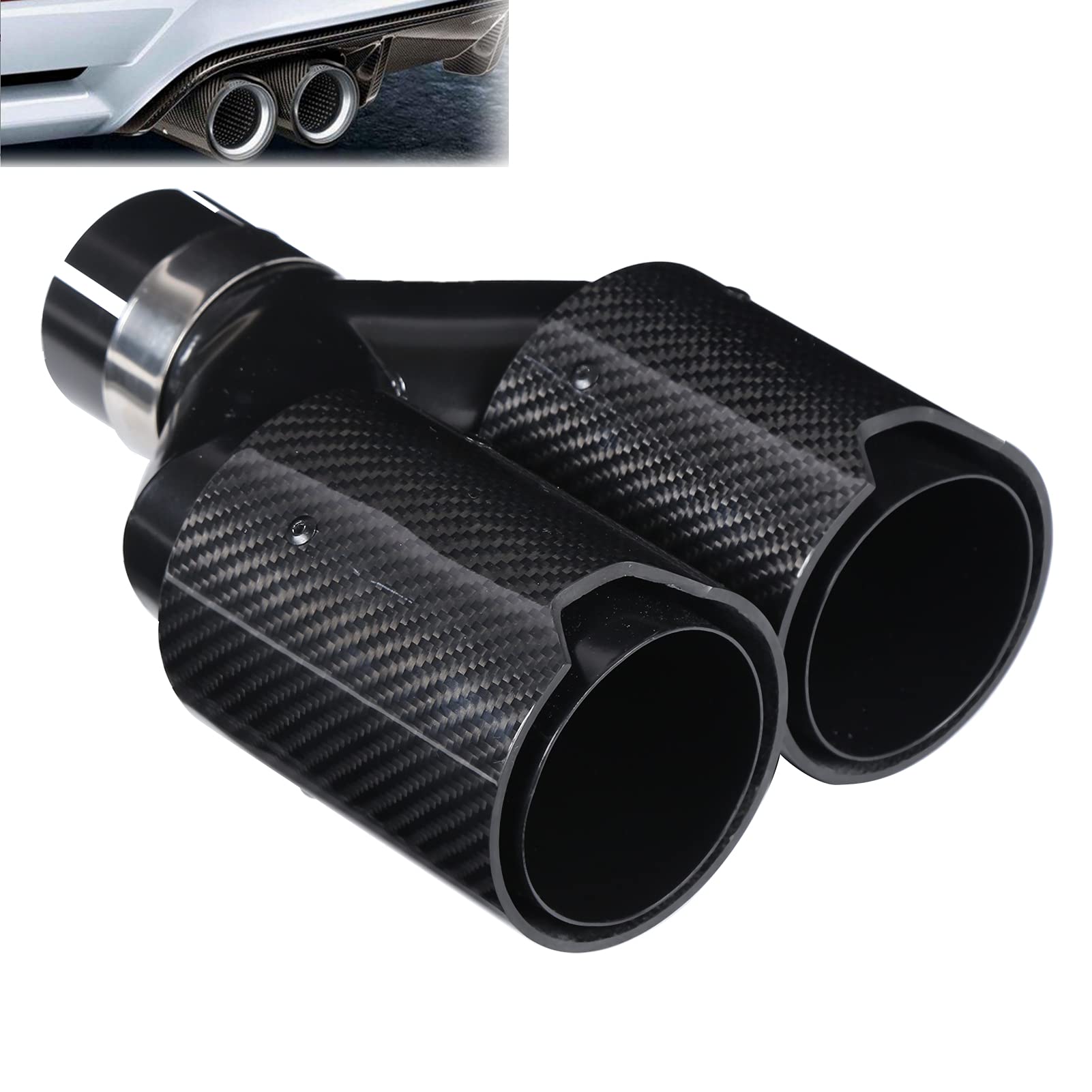 Tip Tuyau D'Échappement de Voiture En Acier Inoxydable 63‑93 Mm En Forme De Y 1‑In‑2‑Out Côté Droit Double Sortie D'Échappement En Fibre De Carbone Noire Pour Performance M