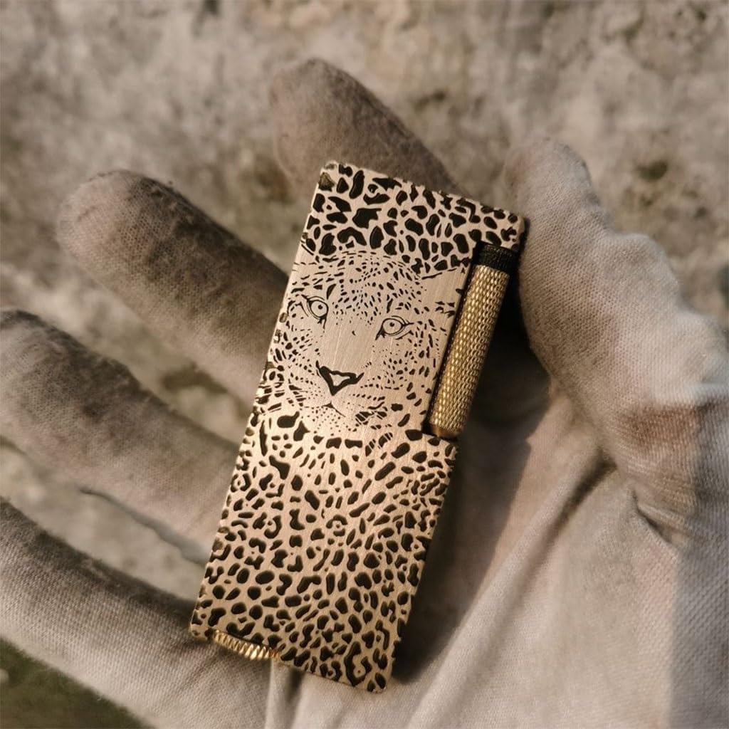 Hand-Carved Brass Kerosene Lighter, Vintage Handmade Extended Leopard Pattern Design, Creative Double Fuel Tank, Cool Antique Gift for Men
