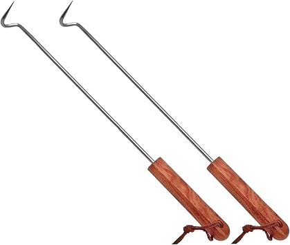 2Pcs Food Flipper Turner Hooks Stainless Steel BBQ Meat Hooks Cooking Barbecue Turners Hooks Grill Accessories with Wooden Handle for Grilling & Smoking 2 Pcs 17.5 in