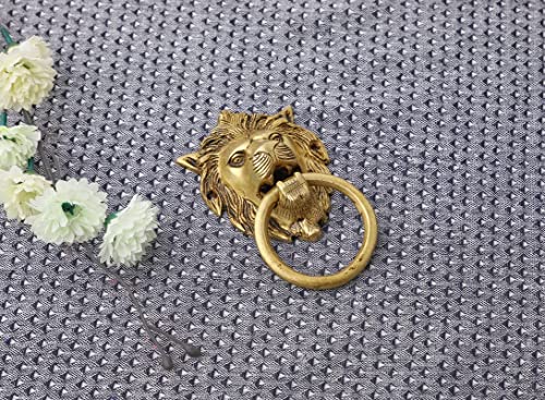 Image of Brass Lion Face Shape Design Door Pull Handle Heavy Antique Royal Brass Door Knocker for Main Glass Wooden Door, Cabinet, Drawer (Golden, 5.5 inches)