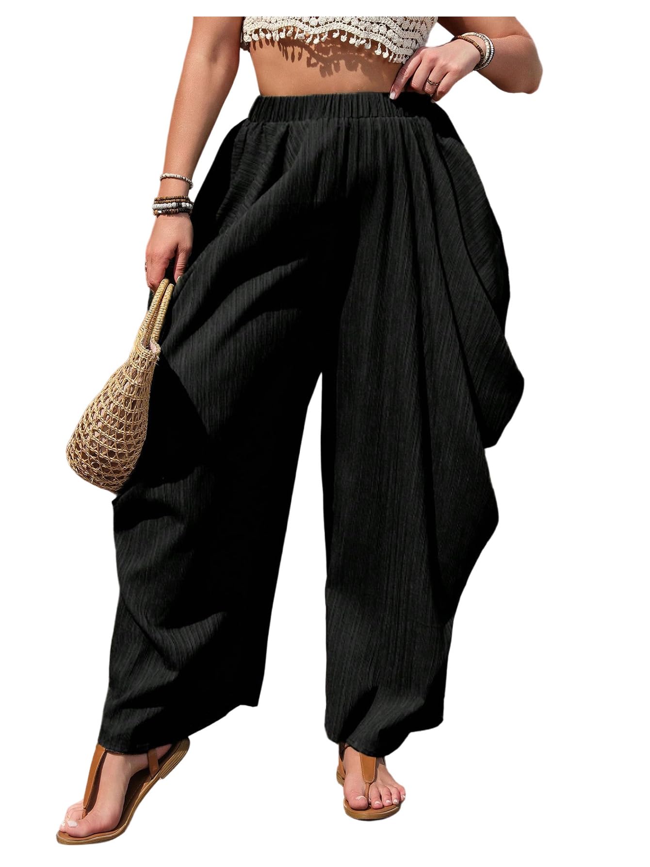 MakeMeChic Womens Plus Size Wide Leg Pants High Elastic Waist Ruched Baggy Trousers