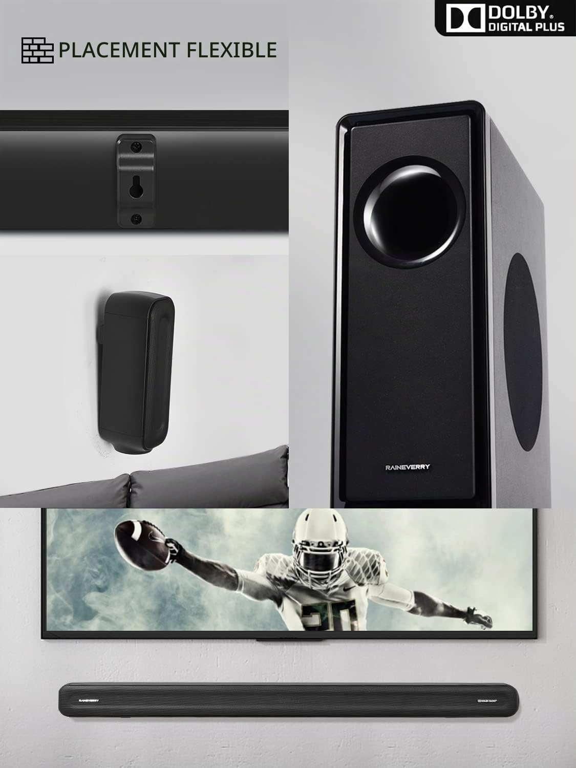 RAINEVERRY Système de Barre de Son Surround 5.1 CH avec Dolby Audio, Barres de Son, Caisson de Basses sans Fil et Haut-Parleur arrière, Dolby Digital Plus, Bluetooth 5.0 pour Home cinéma, téléviseurs