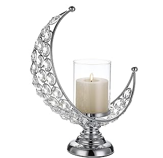 Tolida Moon Shape Crystal Tea Light Candelabra Candle Holder with Detachable Shade for Home Office Wedding Party Reception Table Center Decoration, Silver