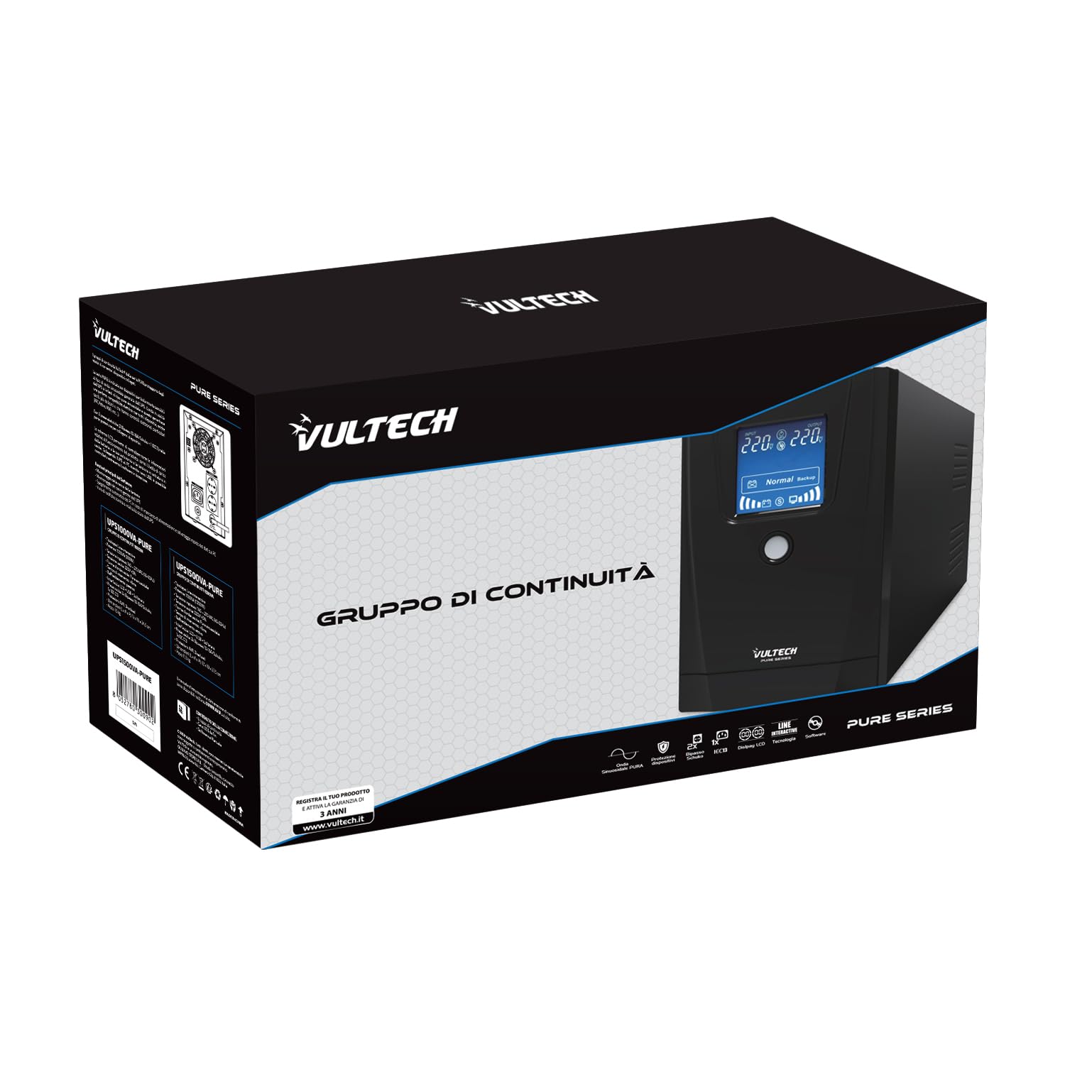 Sistema de alimentación ininterrumpida Vultech ups 1000 VA Pure - Line-Interactive con Onda sinusoidal Pura - Pantalla LCD