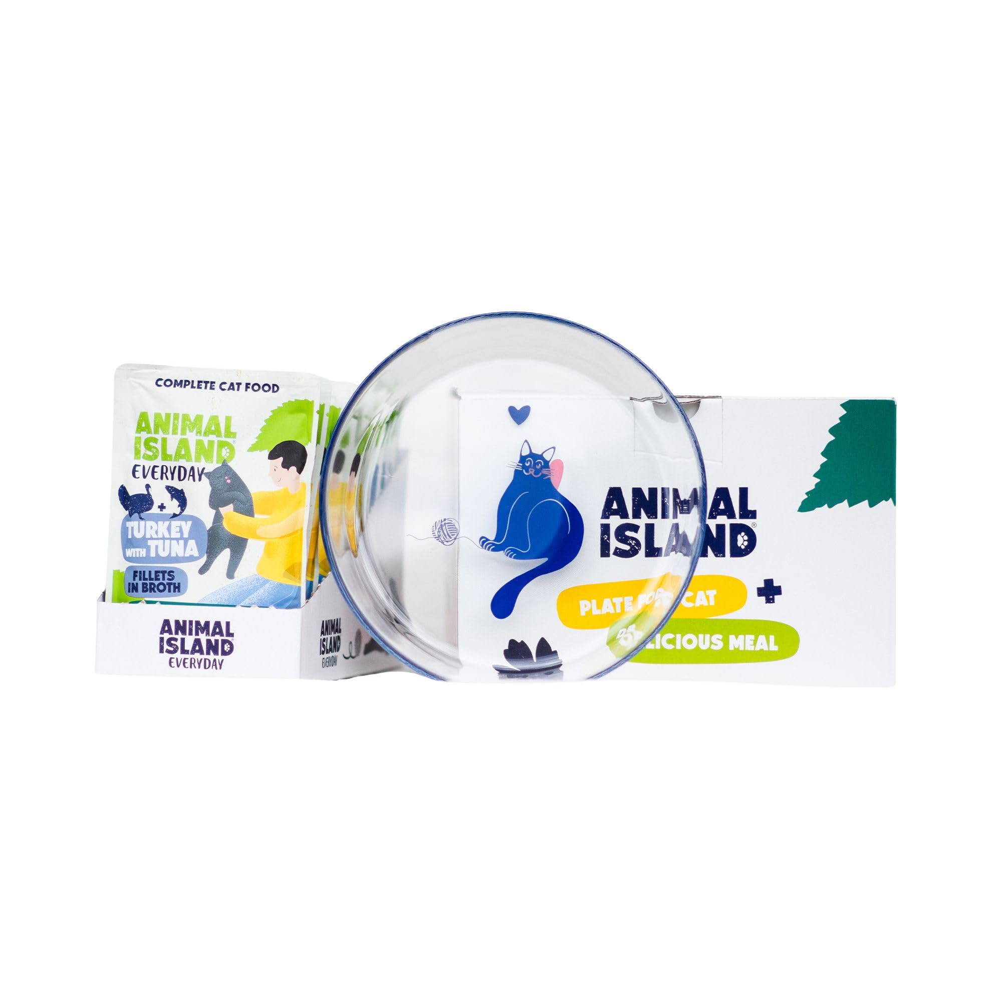 Animal Island Everyday Complete Wet Cat Food Turkey with Tuna in Broth with Glass Plate Set, 12 x 85g