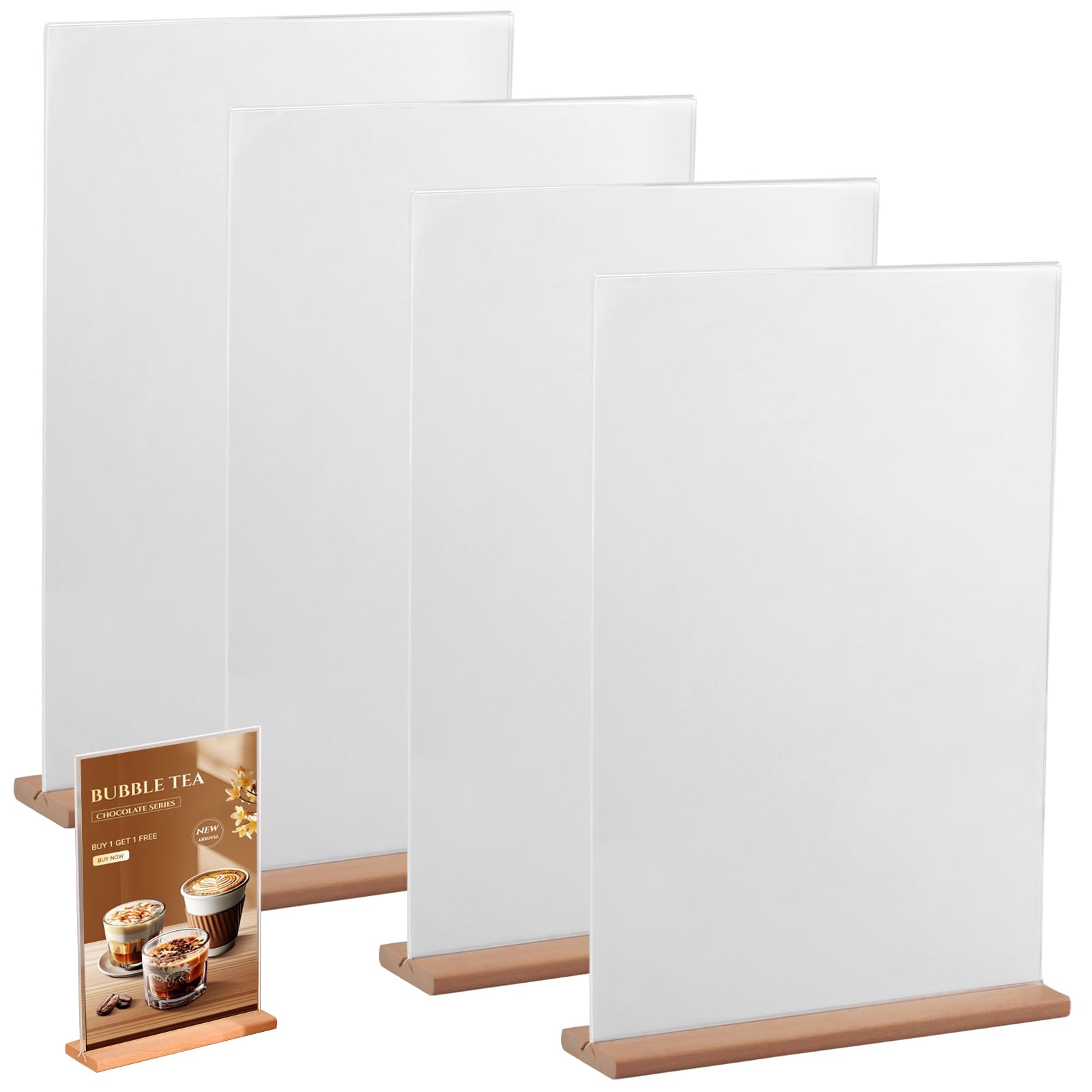 YunBey A4 Acrylic Sign Holder, Double-Sided Perspex Display Stand, Menu Holders for TablesSuitable for Restaurants, Bars, Offices, Stores, With Wooden Base (3123CM, 4 Pieces)