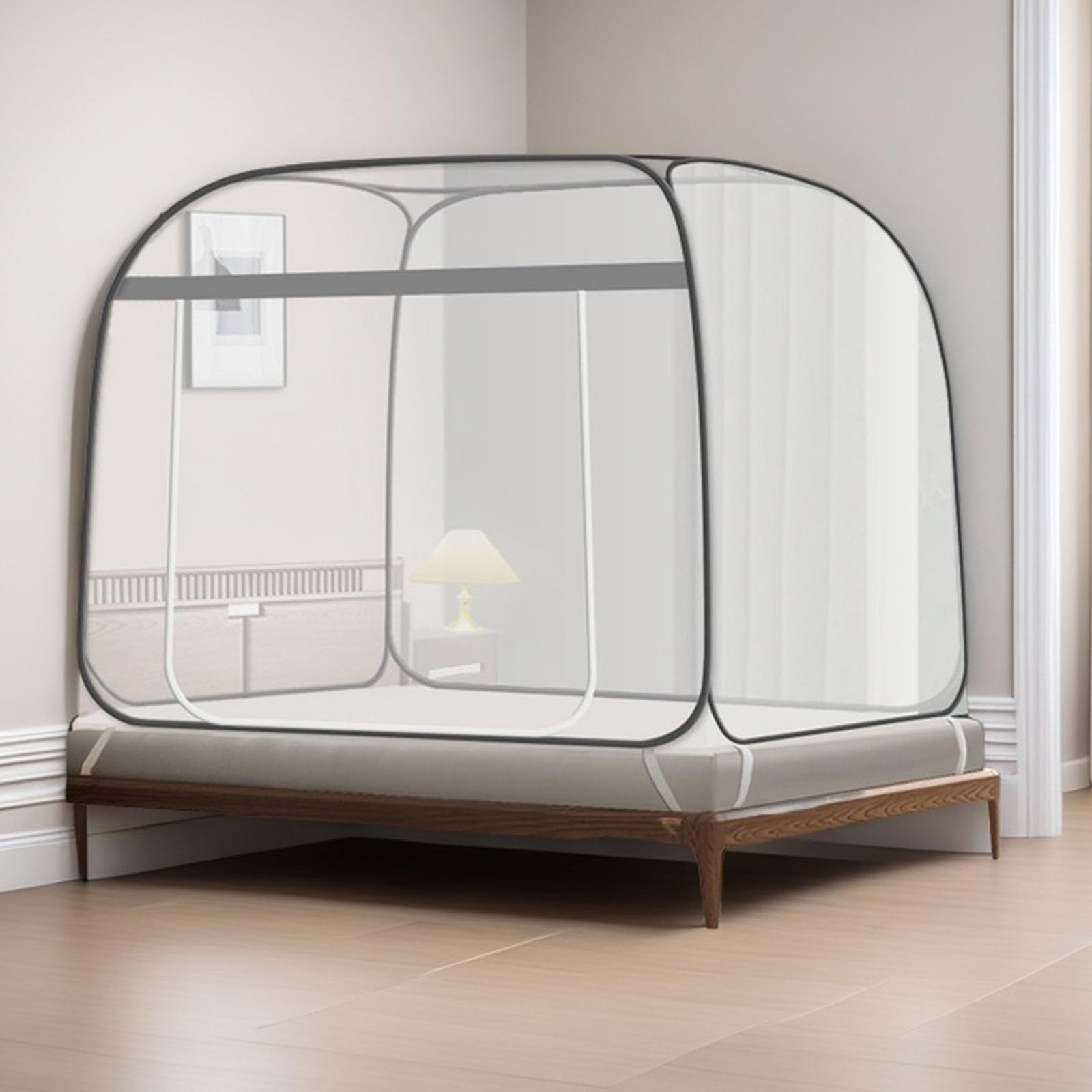 PARFINER Mosquitera desplegable para Patio, Cama, Tienda de campaña tamaño King, mosquitera portátil con Malla Inferior para Exterior o Interior (Gris)