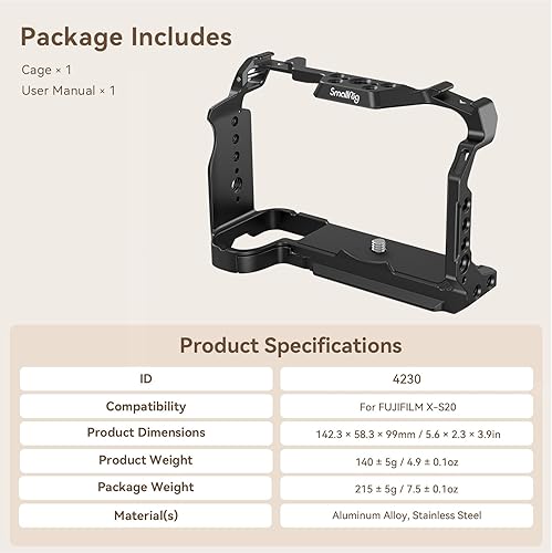 Miniatura 5 de SmallRig X-S20 Jaula para cámara Fujifilm X-S20, jaula completa de aleación de aluminio, con placa de liberación rápida para Arca-Swiss, para