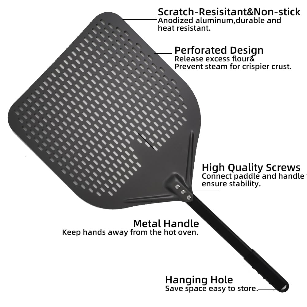 Pizzaschaufel 16 Zoll großer Pizzaschieber, perforiertes Schaufelpaddel, Metallgriff for Ofendrehen, Küchenwerkzeuge, antihaftbeschichtetes Backzubehör Pizzaschieber(15inch 68cm)