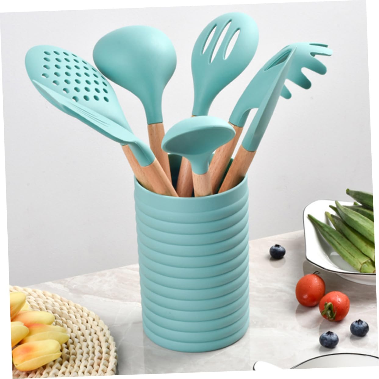 ABOOFAN Küchenhelfer-Set 7-teilig Silikon-kochgeschirr Mit Holzgriff Haushaltswaren Küchenutensilien-Set Hochtemperaturbeständig Cyan