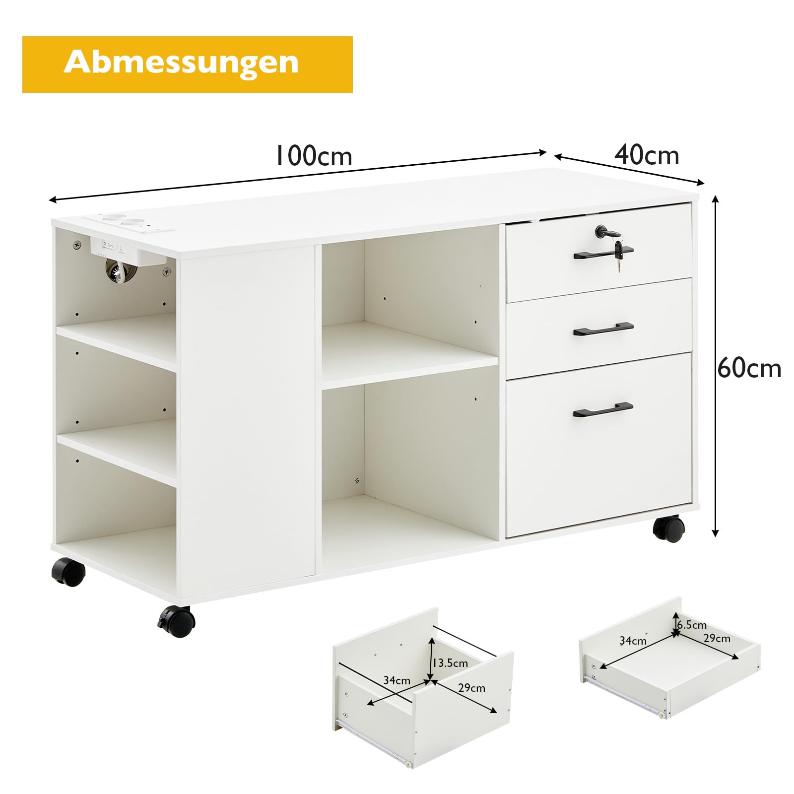 CLIPOP Rollcontainer,abschließbar,mobiler Aktenschrank mit 5 Rollen,3 Schubladen,Schubladenschrank Büroschrank Bürocontainer mit Steckdose,für Büro Zuhause,Weiß