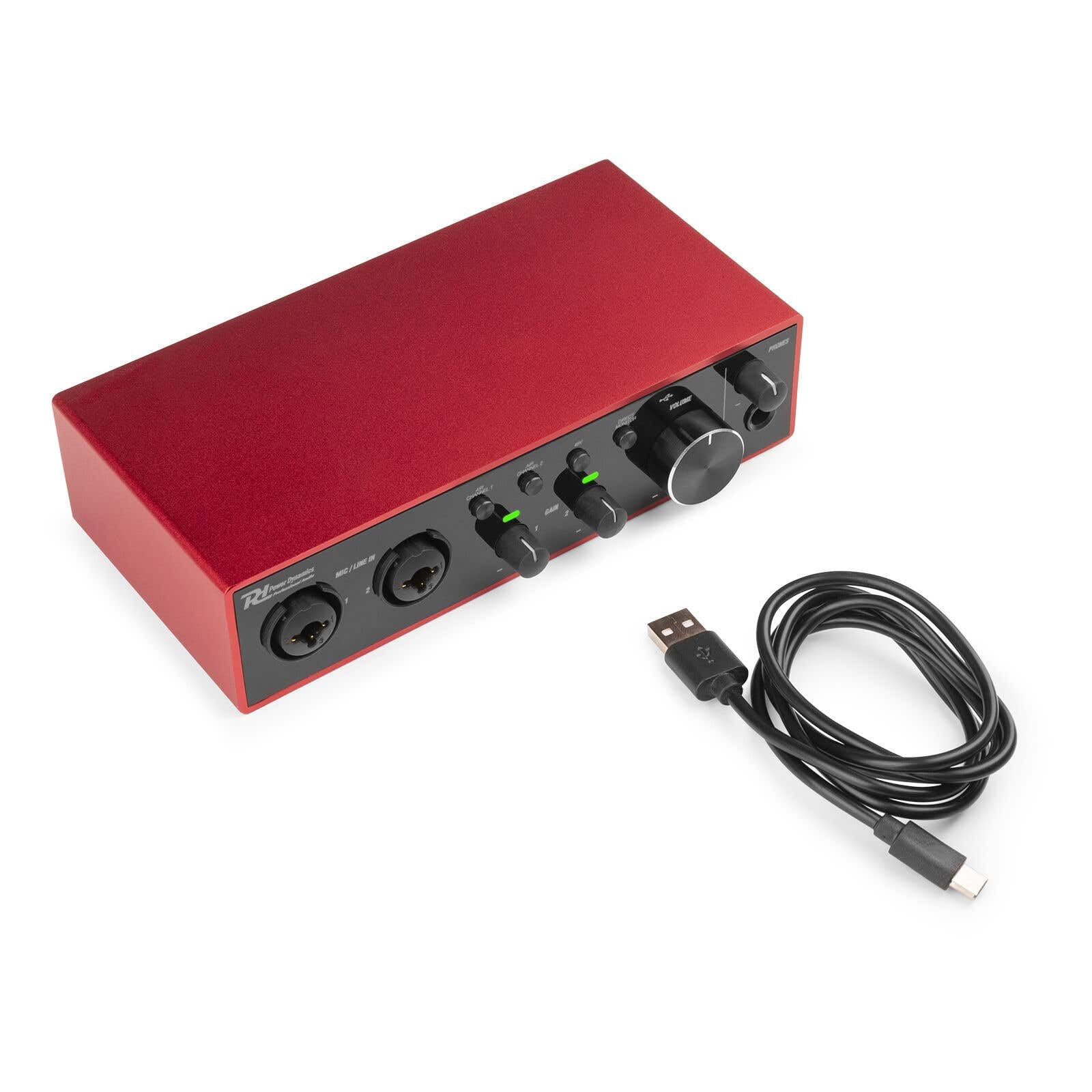 Power Dynamics PDX22 Interfaccia audio USB - Alimentazione phantom 48 V, Cavo USB-C incluso, 2 ingressi Micros/Strumenti, 1 uscita cuffie, ideale per musicisti, compositori e Home Studio