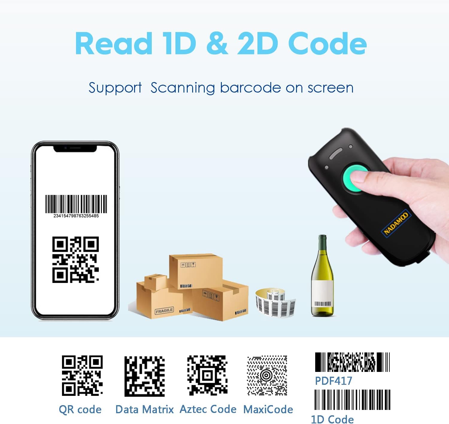 NADAMOO 2D Wireless Barcode Scanner Compatible with Bluetooth, Portable USB 1D 2D QR Code Scanner, Bar Code Image Reader for Tablet iPhone iPad Android iOS PC POS, with Charging Dock - Green