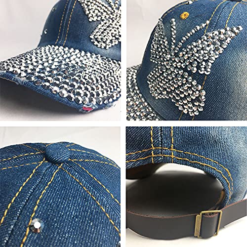 Kangqifen Women Rhinestone Pattern Distressed Denim Baseball Cap Sparkle Bling Hat Adjustable Butterfly #TOP4