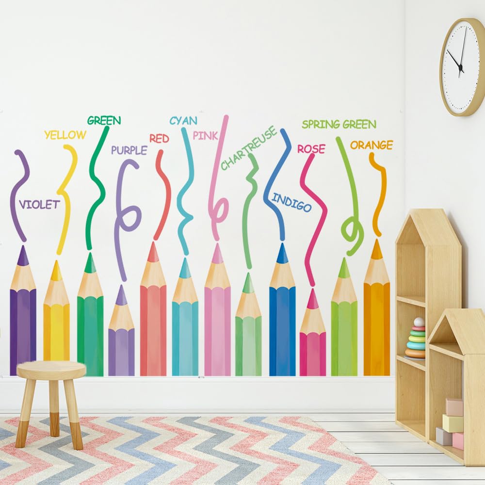 Lot De 9 Stickers Muraux Crayons Colorés - Autocollants PVC Amovibles Pour Décoration De Classe, Chambre D'enfant Ou Bureau - Motifs éducatifs Et Joyeux - 7