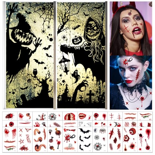 DKDDSSS 30 arkuszy tymczasowych tatuaży na Halloween, 2 arkusze dekoracji halloweenowych naklejek na okna, halloweenowe naklejki na okna, dekoracje okienne na Halloween (50 x 35 cm), tatuaże na