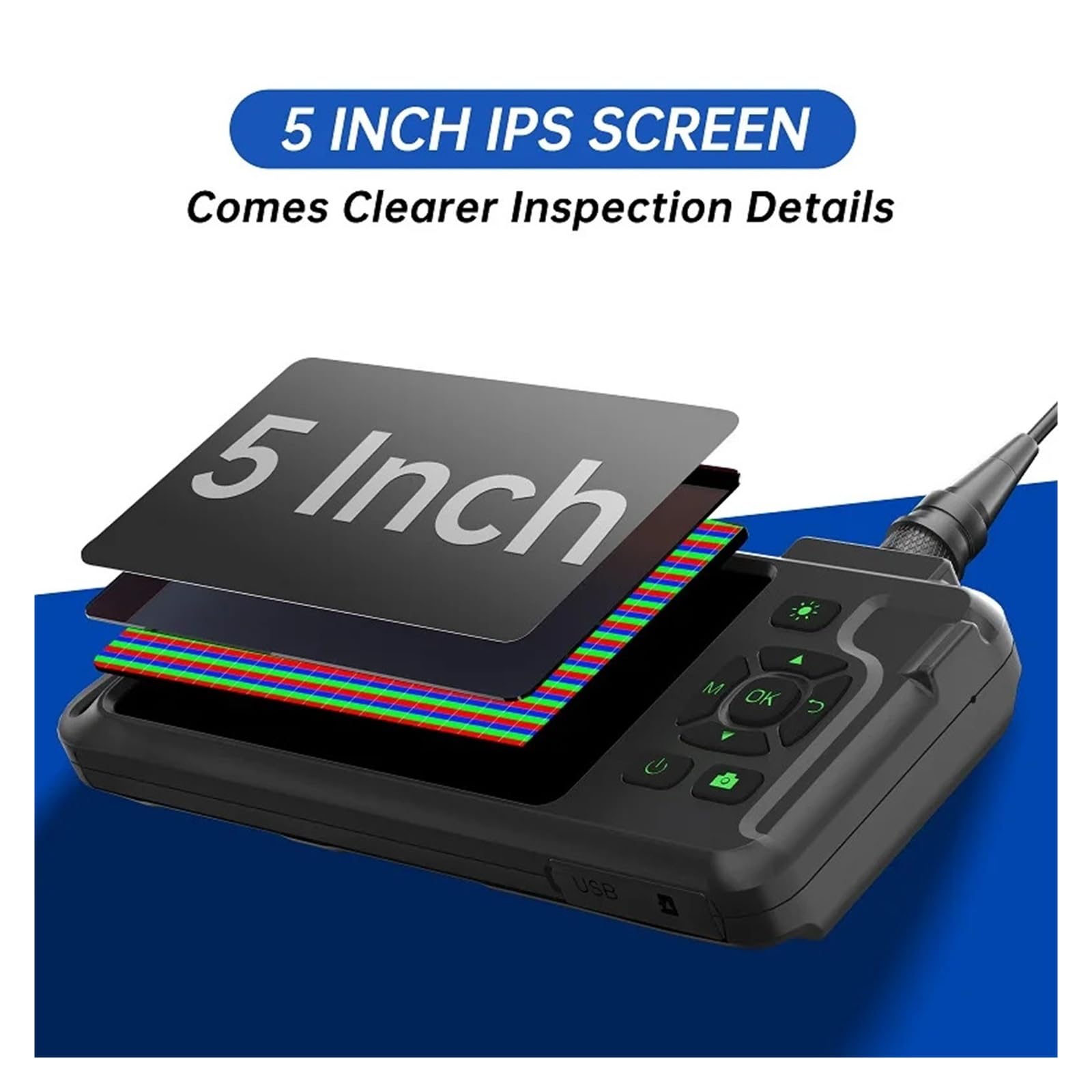 Cámara endoscópica Industrial IPS de 5 Pulgadas, cámara de Enfoque automático Impermeable con diseño Dividido HD de 1080P, 5.0MP Vista Gran Angular