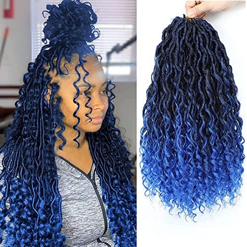 Alimiriam New Goddess Locs Crochet Hair 6 Packs 14 inch Blue Boho Faux Locs Wavy Crochet Hair River Faux Locs Crochet Hair with Curly in Middle and Ends Boho Style Synthetic Hair Extensions(14inch T1B/Blue#)