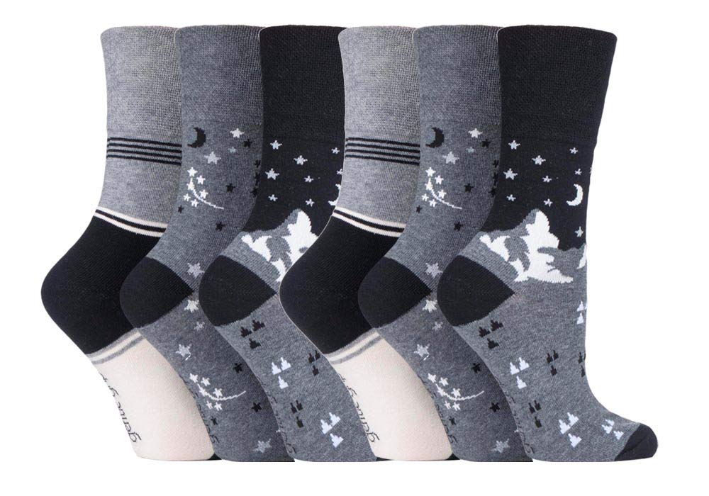 SockShop6 pairs Ladies Cotton Gentle Grip UK 4-8, EUR 37-42 Socks - NEW variations (6 x RH203 To the Moon & Stars)
