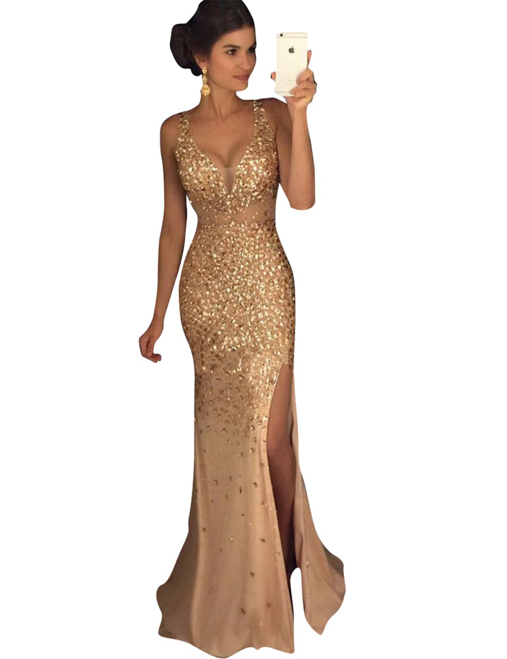 Women's Sexy V Neck Formal Evening Gown Side Slit Party Prom Dress
