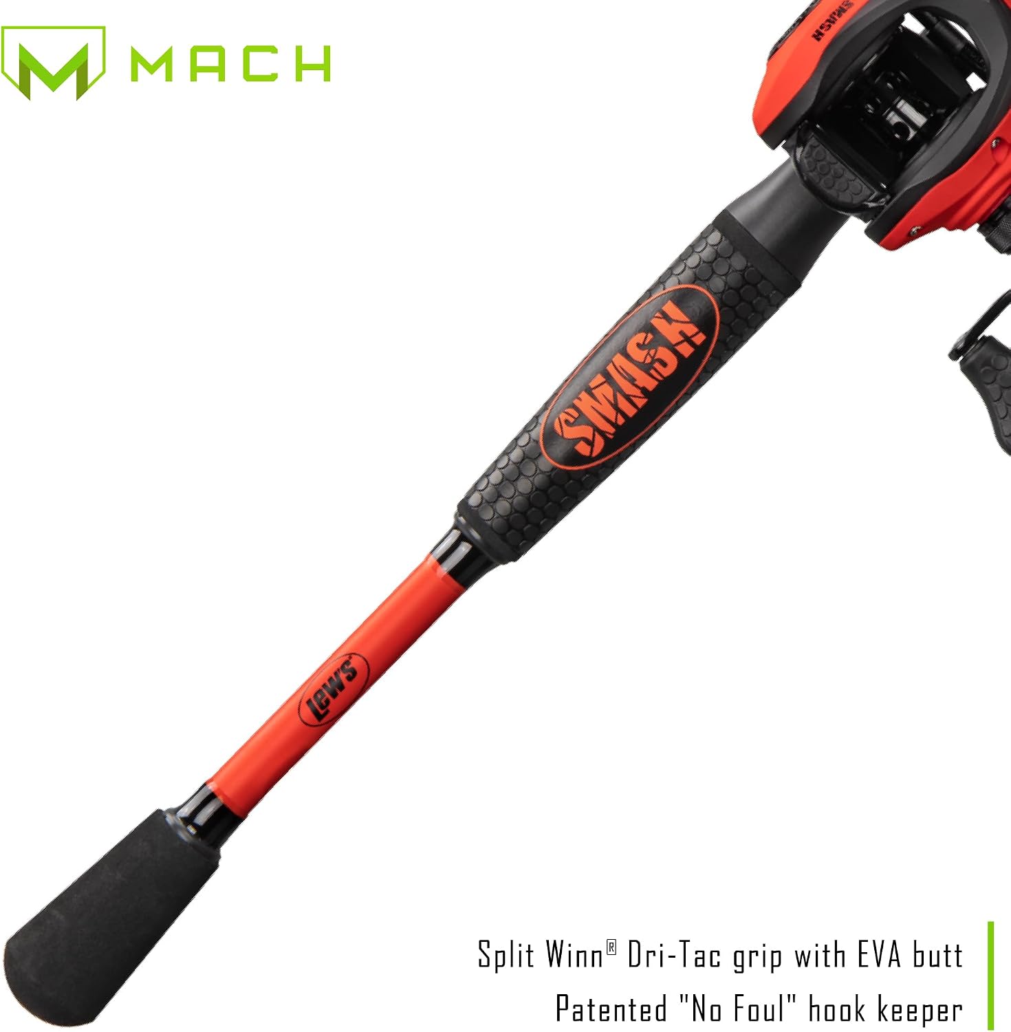 Lew's MACH Smash Baitcast Reel and Fishing Rod Combo, IM6 Graphite Blank Fishing Rod, Split Grip Winn Dri-Tac Handle, Fluorescent Red