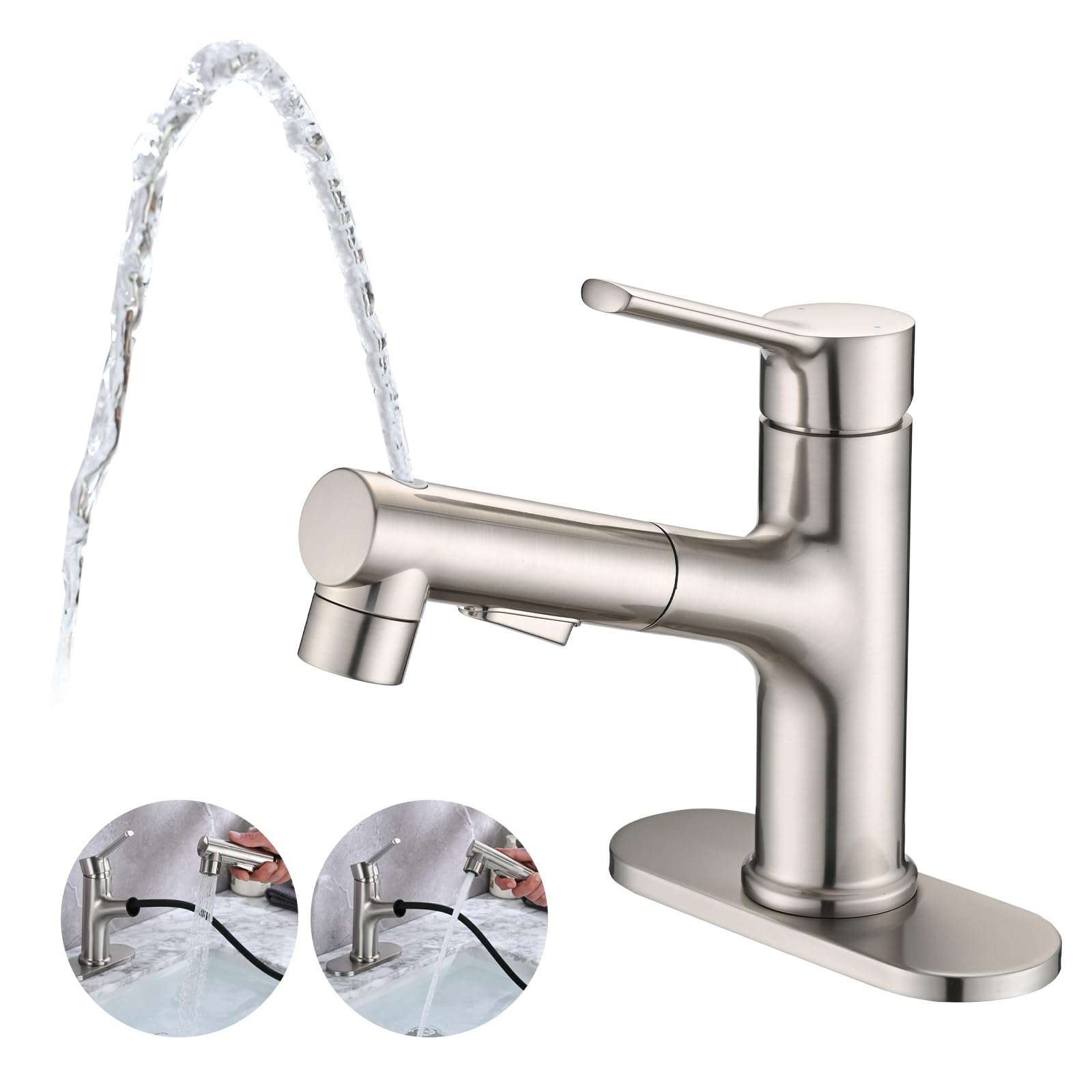 Photo 1 of Besfelos Bathroom Sink Faucet with Pull Out Sprayer, Single Handle Modern Bathroom Basin Faucet with Pop-up Sink Drain Stopper & Deck Plate 1 or 4-inch Centerset 3 Hole, Brushed Nickel