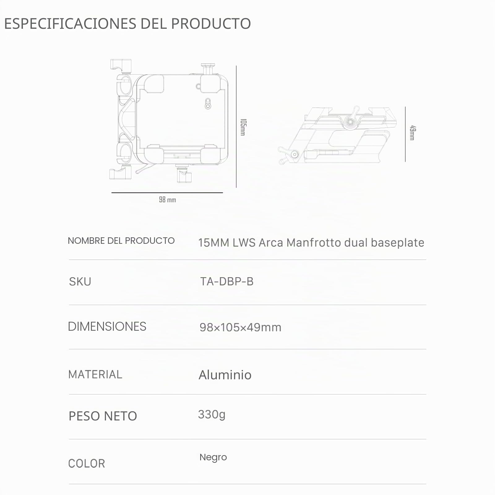 Tilta Placa base dual LWS Arca Manfrotto de 15 mm compatible con colas de milano estándar Tilta con diseño a presión, color negro TA-DBP-B