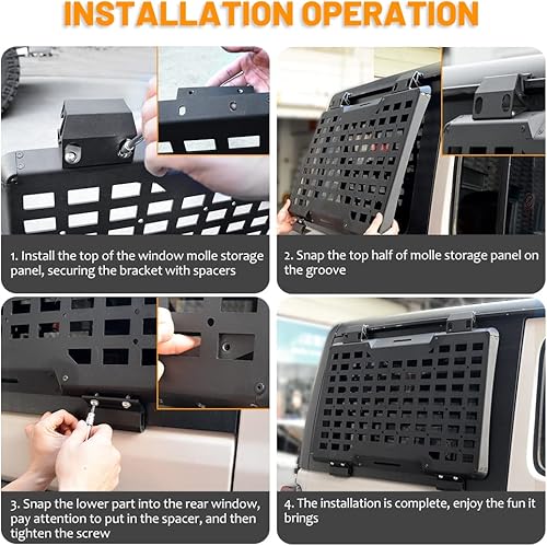 Miniatura 8 de FURYENGRAVER Kit de flanco de panel Molle de almacenamiento de ventana trasera, decoración protectora de ventana trasera para Jeep Wrangler