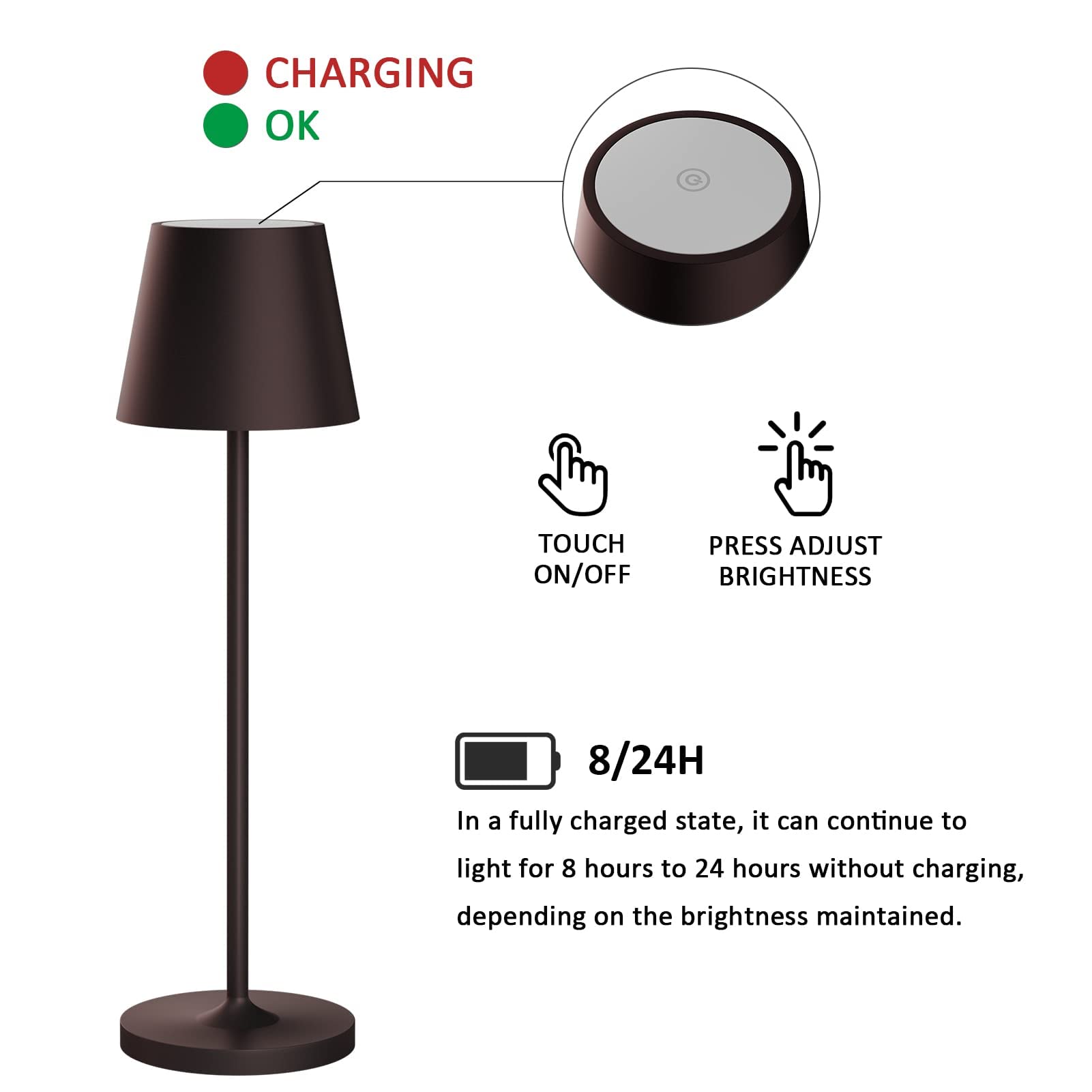 K-Bright Lampada LED Dimmerabile da tavolo in alluminio, H38cm,Ricaricabile Colore luce calda Per interni/esterni Lampada da tavolo con base di ricarica a contatto (Bronze)
