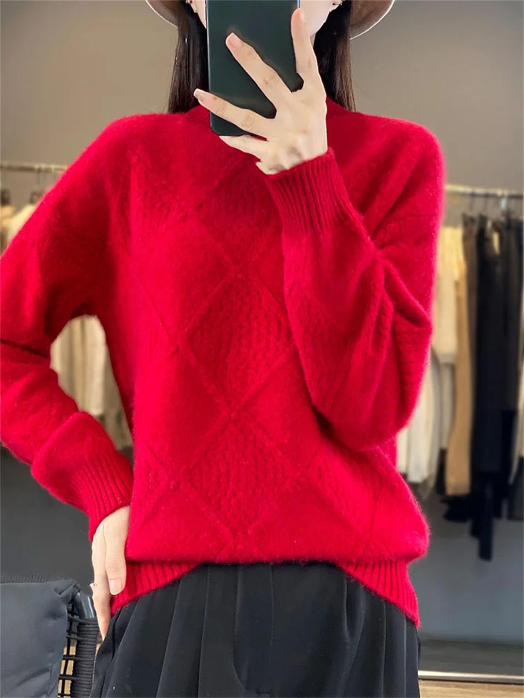 Vogrtcc Maglione da Donna Autunno Inverno O-Collo Pullover Cavo Maglieria Casual in Lana E Cashmere