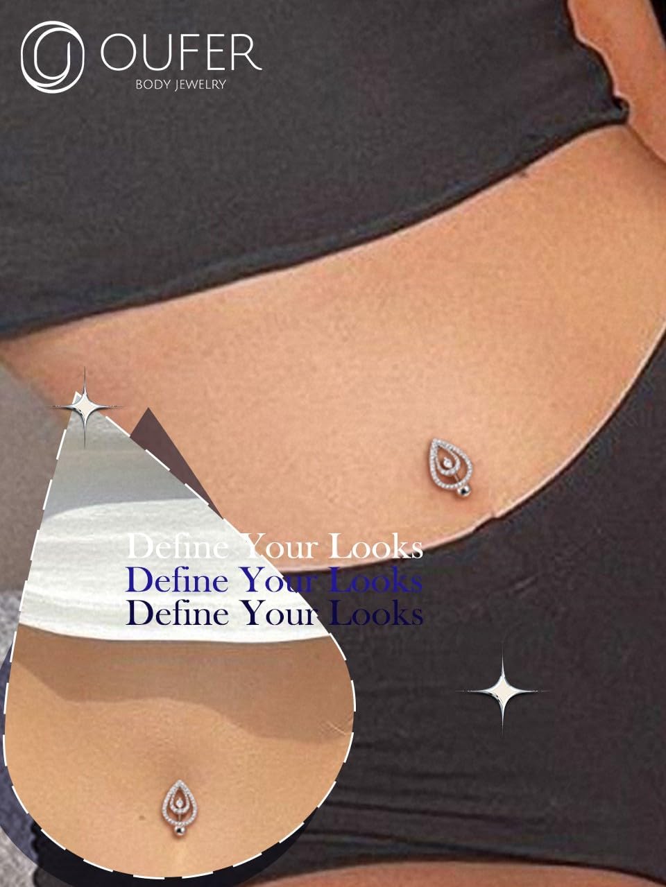 OUFER Belly Button Rings, 14G Star/Drop Shape Belly Rings, Pave CZ Crystal Top Down Belly Piercing Jewelry, 316L Surgical Steel Navel Piercing Jewelry For Women Men